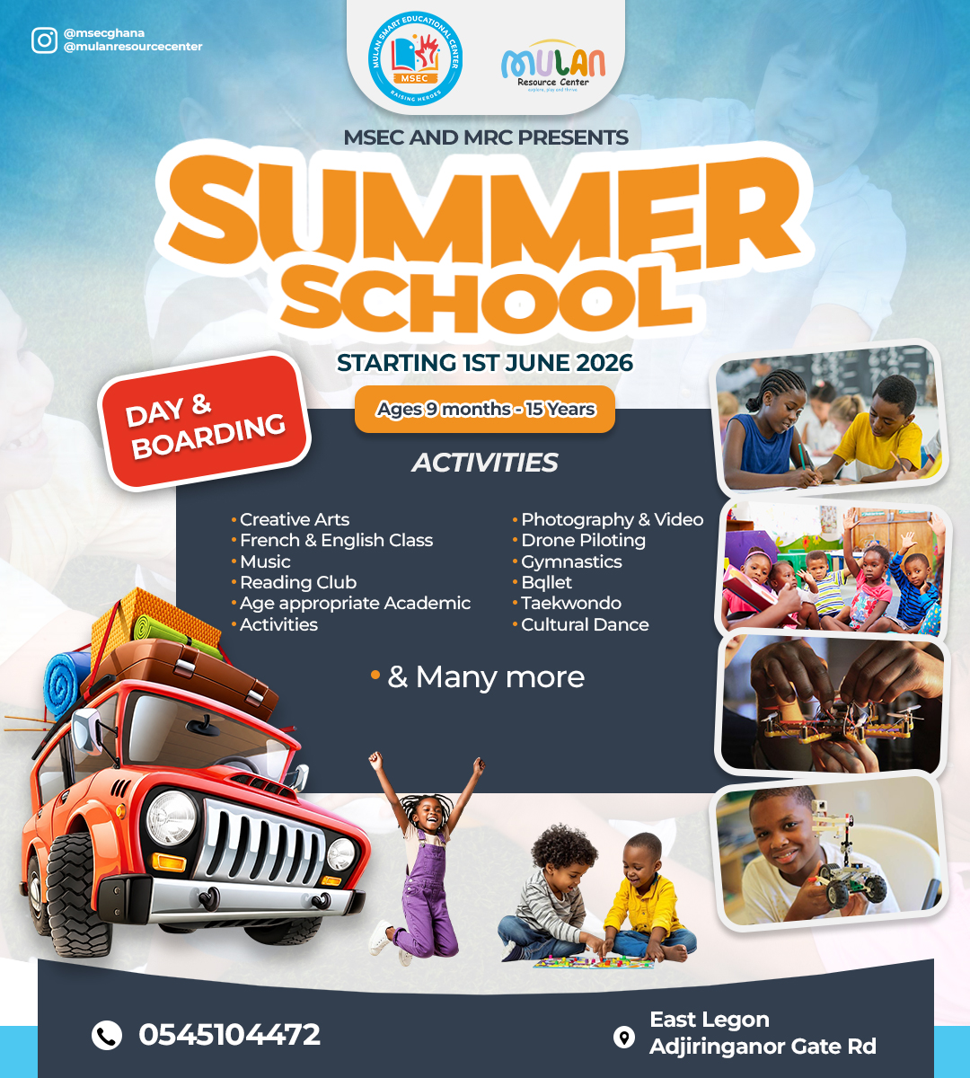 Summer School flyer showing activities, dates, location, and contact information